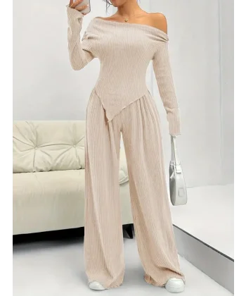 Kadın Uzun Kollu Omuzlardan Açık Asimetrik Kesim Kaşkorse Bluz Ve Pantolon Ikili Pantolon