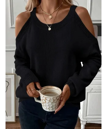 Kadın Uzun Kollu Omuzlardan Açık Askılı Triko Bluz