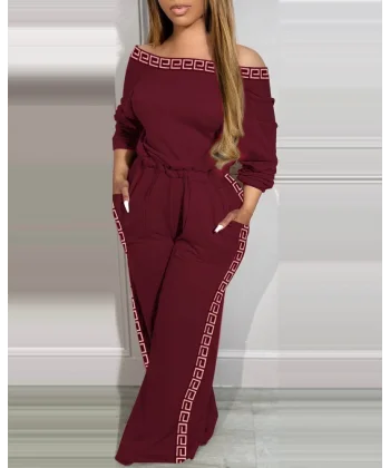 Kadın Uzun Kollu Omuzlardan Açık Beli Lastikli Cepli şerit Desenli Viskon Iki Iplik Tulum