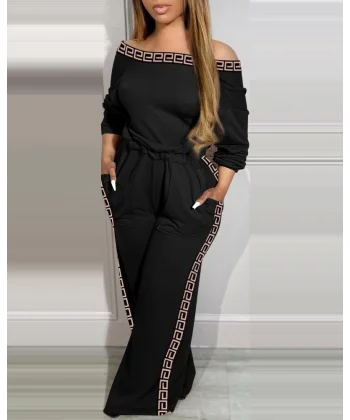 Kadın Uzun Kollu Omuzlardan Açık Beli Lastikli Cepli şerit Desenli Viskon Iki Iplik Tulum