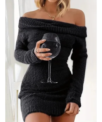 Kadın Uzun Kollu Omuzlardan Açık Kısa şardonlu Triko Elbise