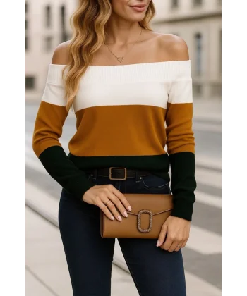 Kadın Uzun Kollu Omuzlardan Açık Uzun Kollu Blok çizgili Triko Bluz