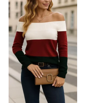 Kadın Uzun Kollu Omuzlardan Açık Uzun Kollu Blok çizgili Triko Bluz