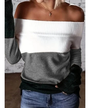 Kadın Uzun Kollu Omuzlardan Açık Uzun Kollu Blok çizgili Triko Bluz