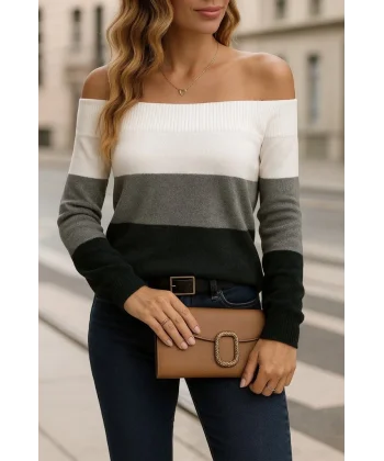 Kadın Uzun Kollu Omuzlardan Açık Uzun Kollu Blok çizgili Triko Bluz