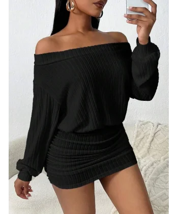 Kadın Uzun Kollu Omuzlardan Açık Yanlardan Büzgülü şardonlu Kaşkorse Elbise