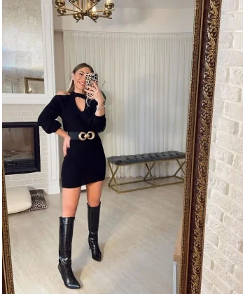 Kadın Uzun Kollu Omuzları Açık Boyundan şerit Detay Kaşkorse Elbise