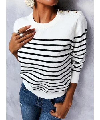 Kadın Uzun Kollu Omuzu Düğme Detay çizgili Triko Kazak