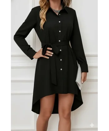 Kadın Uzun Kollu ön Kısım Kısım Arka Kısım Uzun Trikoton Gömlek Elbise