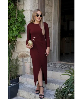 Kadın Uzun Kollu önden çapraz Detaylı Yandan Toka Detaylı Uzun Sandy Elbise