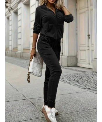 Kadın Uzun Kollu önden Cepli Fermuarlı Kadife Bluz Ve Pantolon Ikili Takım