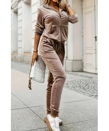 Kadın Uzun Kollu önden Cepli Fermuarlı Kadife Bluz Ve Pantolon Ikili Takım