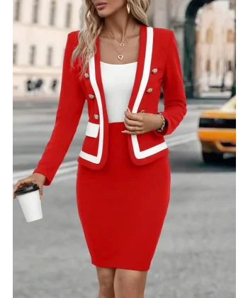 Kadın Uzun Kollu önden Düğmeli Atlas Ceket Ve Yüksek Bel Kısa Etek Ikili Takım