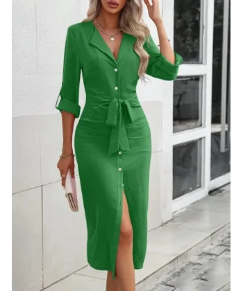 Kadın Uzun Kollu önden Düğmeli Beli Kuşaklı Aerobin Midi Elbise