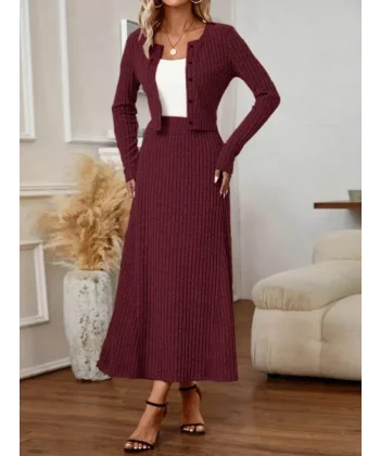 Kadın Uzun Kollu önden Düğmeli Bluz Ve Yüksek Bel A Kesim Uzun Etek şardonlu Kaşkorse Ikili Takım