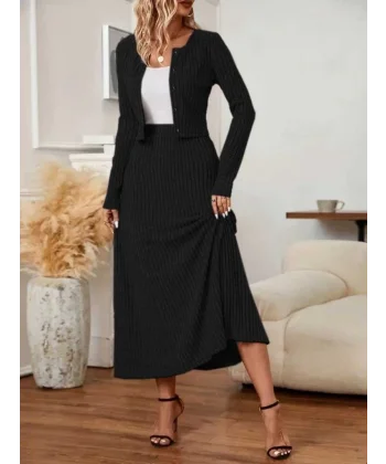 Kadın Uzun Kollu önden Düğmeli Bluz Ve Yüksek Bel A Kesim Uzun Etek şardonlu Kaşkorse Ikili Takım