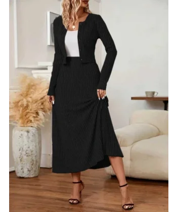 Kadın Uzun Kollu önden Düğmeli Bluz Ve Yüksek Bel A Kesim Uzun Etek şardonlu Kaşkorse Ikili Takım