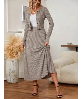 Kadın Uzun Kollu önden Düğmeli Bluz Ve Yüksek Bel A Kesim Uzun Etek şardonlu Kaşkorse Ikili Takım