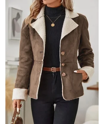 Kadın Uzun Kollu önden Düğmeli Cep Detaylı Kısa Süet Ceket