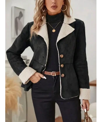 Kadın Uzun Kollu önden Düğmeli Cep Detaylı Kısa Süet Ceket