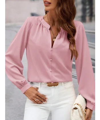 Kadın Uzun Kollu önden Düğmeli Hakim Yaka Ithal Krep Bluz