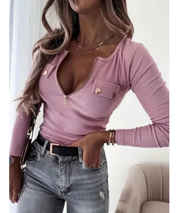 Kadın Uzun Kollu önden Fermuar Ve Cepli Kaşkorse Bluz