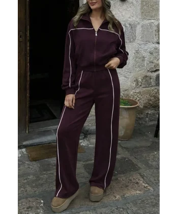 Kadın Uzun Kollu önden Fermuarlı Bluz Ve Pantolon Modal Ikili Takım