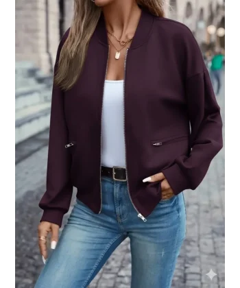 Kadın Uzun Kollu önden Fermuarlı Cepli Modal Mürdüm Ceket