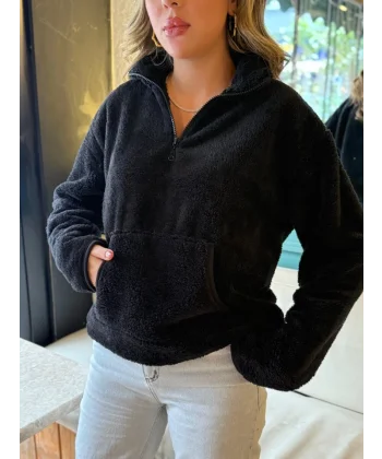 Kadın Uzun Kollu önden Fermuarlı Cepli Peluş Sweat