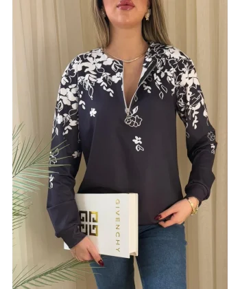 Kadın Uzun Kollu önden Fermuarlı çiçek Desenli şardonlu Dalgıç Bluz