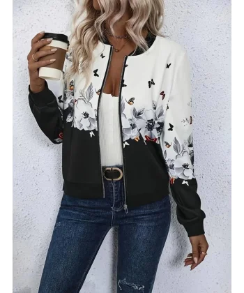 Kadın Uzun Kollu önden Fermuarlı çiçek Desenli şardonlu Dalgıç Ceket