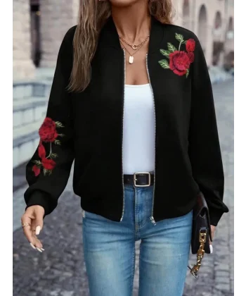 Kadın Uzun Kollu önden Fermuarlı çiçek Nakış Figürlü üç Iplik Ceket