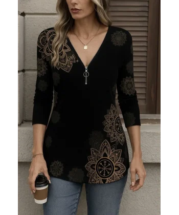 Kadın Uzun Kollu önden Fermuarlı Desenli Süprem Bluz