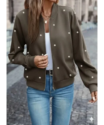 Kadın Uzun Kollu önden Fermuarlı Incili Kısa Modal Ceket