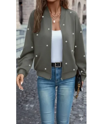 Kadın Uzun Kollu önden Fermuarlı Incili Kısa Modal Ceket