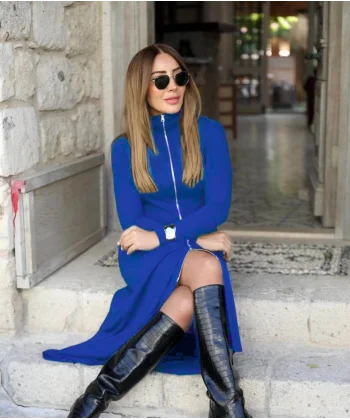 Kadın Uzun Kollu önden Fermuarlı Ithal Krep Elbise