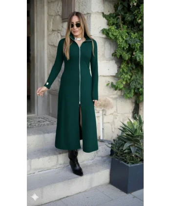 Kadın Uzun Kollu önden Fermuarlı Ithal Krep Elbise