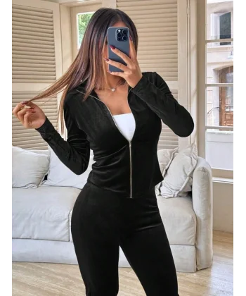 Kadın Uzun Kollu önden Fermuarlı Kadife Bluz Ve Pantolon Ikili Takım