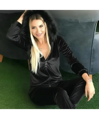 Kadın Uzun Kollu önden Fermuarlı Kapşon Tüy Detaylı Kadife Bluz Ve Pantolon Ikili Takım