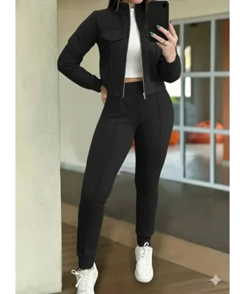 Kadın Uzun Kollu önden Fermuarlı Kısa Modal Ceket Ve Pantolon Ikili Takım