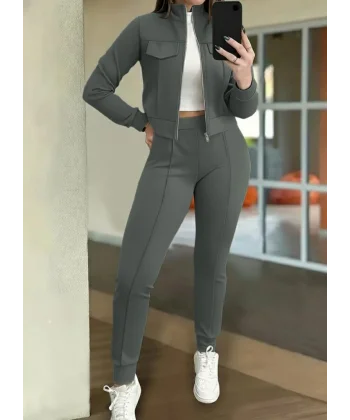 Kadın Uzun Kollu önden Fermuarlı Kısa Modal Ceket Ve Pantolon Ikili Takım