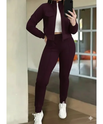 Kadın Uzun Kollu önden Fermuarlı Kısa Modal Mor Ceket Ve Pantolon Ikili Takım