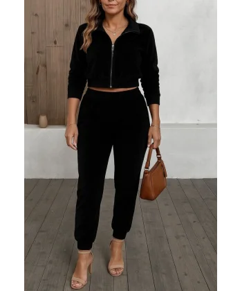 Kadın Uzun Kollu önden Fermuarlı Krop Kadife Ceket Ve Pantolon Ikili Takım