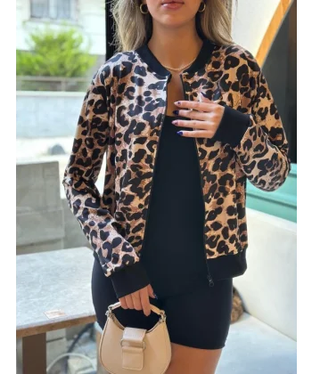 Kadın Uzun Kollu önden Fermuarlı Leopar Baskılı şardonlu Dalgıç Ceket