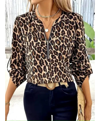 Kadın Uzun Kollu önden Fermuarlı Leopar Desenli Modal Bluz