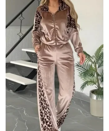 Kadın Uzun Kollu önden Fermuarlı Leopar Detaylı Kadife Bal Köpüğü Bluz Ve Pantolon Ikili Takım