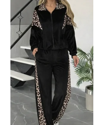 Kadın Uzun Kollu önden Fermuarlı Leopar Detaylı Kadife Bluz Ve Pantolon Ikili Takım