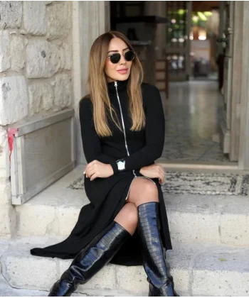 Kadın Uzun Kollu önden Fermuarlı Maxi Viskon Iki Iplik Elbise