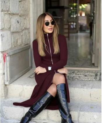 Kadın Uzun Kollu önden Fermuarlı Maxi Viskon Iki Iplik Elbise