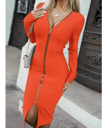 Kadın Uzun Kollu önden Fermuarlı Midi Ottoman Elbise